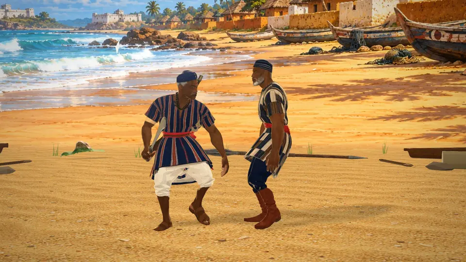 Tackie Kome I and Ndewura Jakpa fighting on the Kinka shore